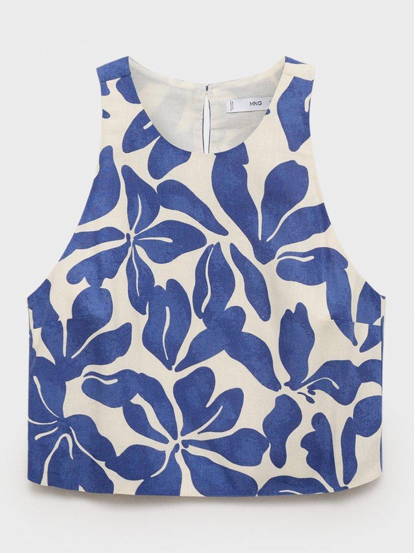 Product image 3 of 9, which shows Mango Jamie Floral Crop Top, Blue/White, XS