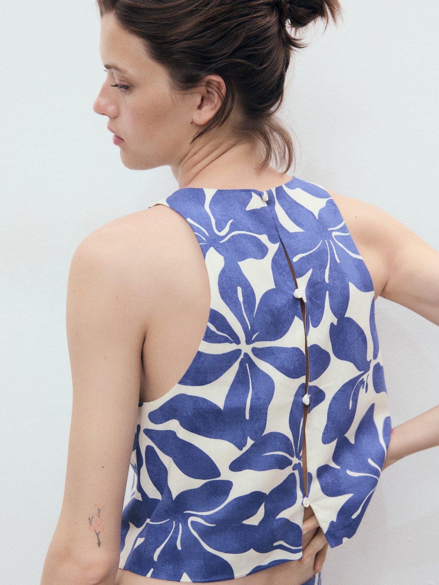 Product image 4 of 9, which shows Mango Jamie Floral Crop Top, Blue/White, XS