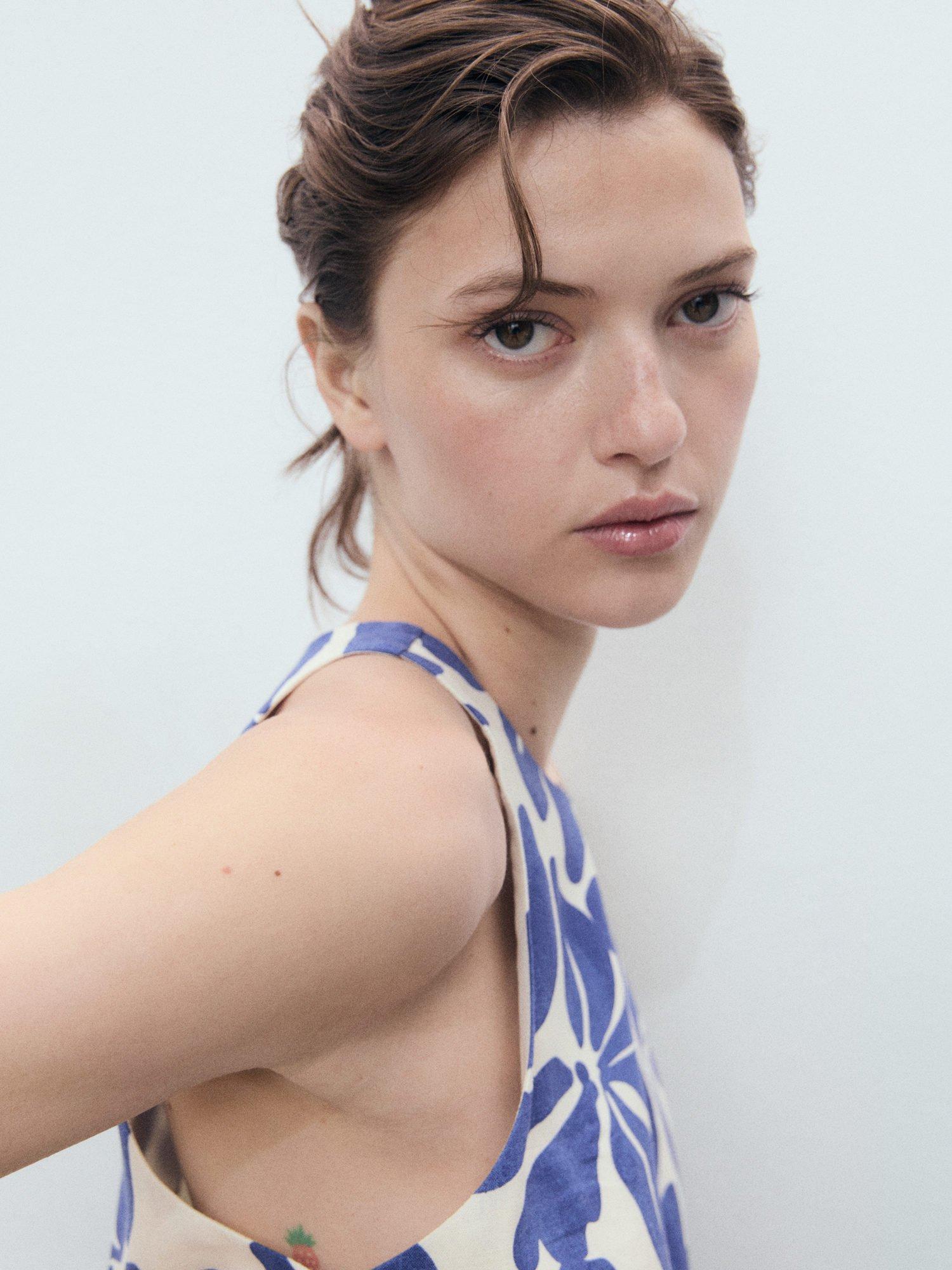 Product image 6 of 9, which shows Mango Jamie Floral Crop Top, Blue/White, XS