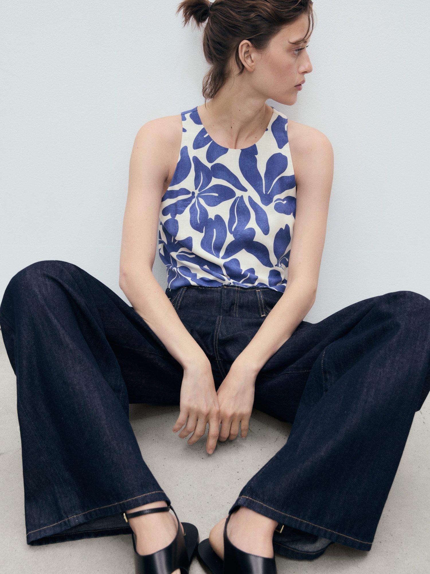 Product image 7 of 9, which shows Mango Jamie Floral Crop Top, Blue/White, XS