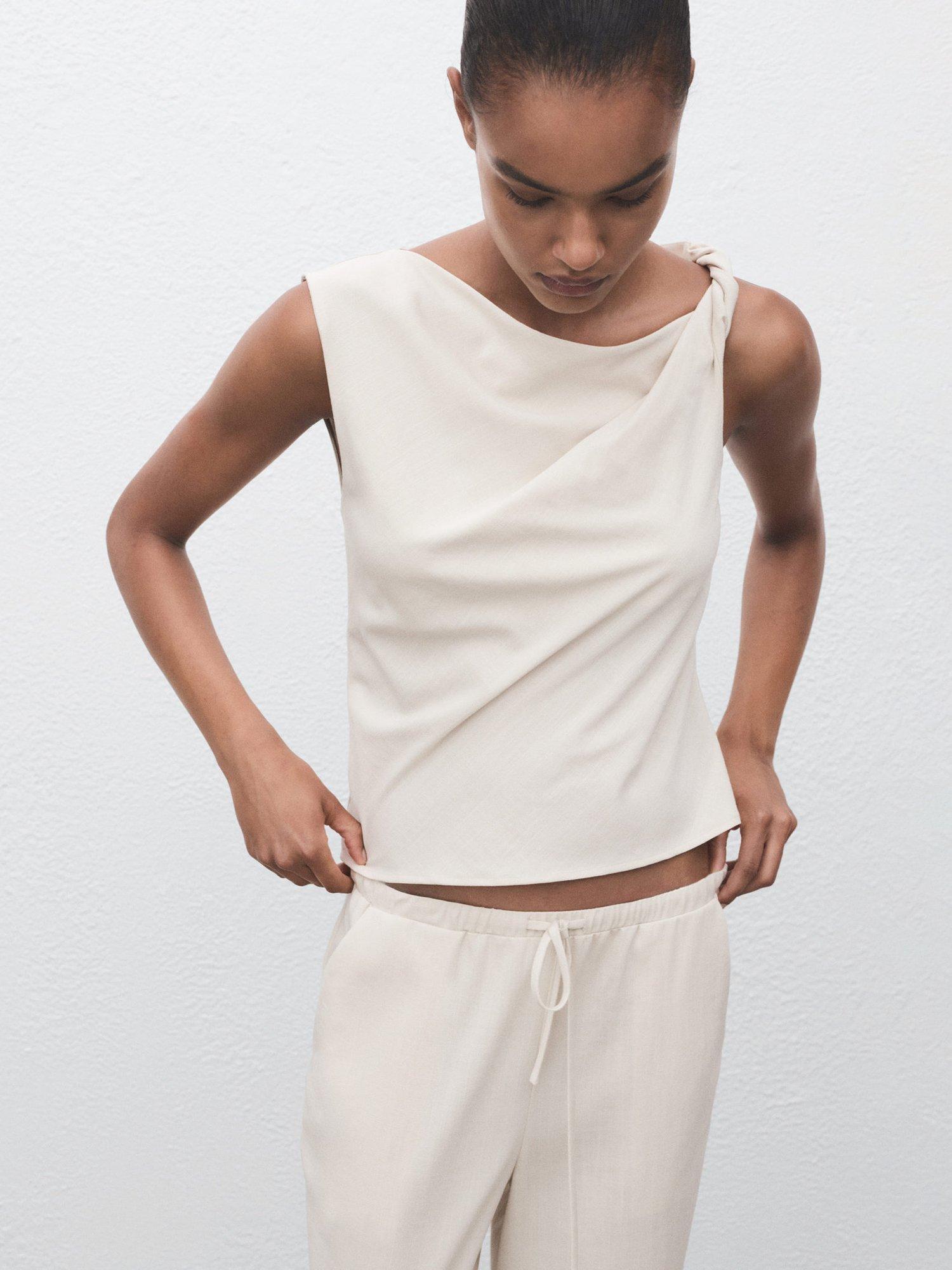 Product image 2 of 8, which shows Mango Riga Drape Sleeveless Top, Natural White, L