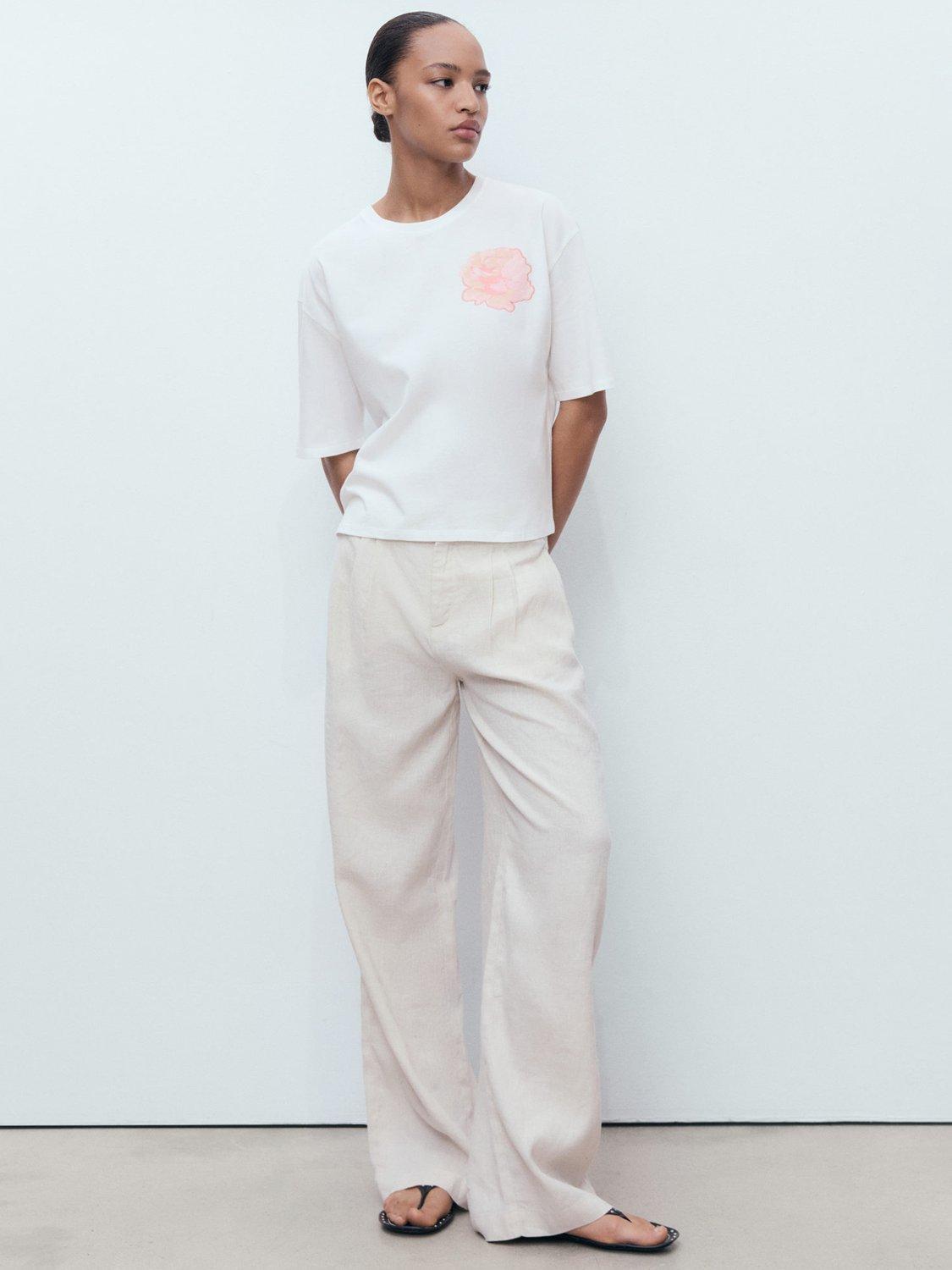 Product image 2 of 8, which shows Mango Rosa Cotton Flower Detail T-Shirt, Natural White, S