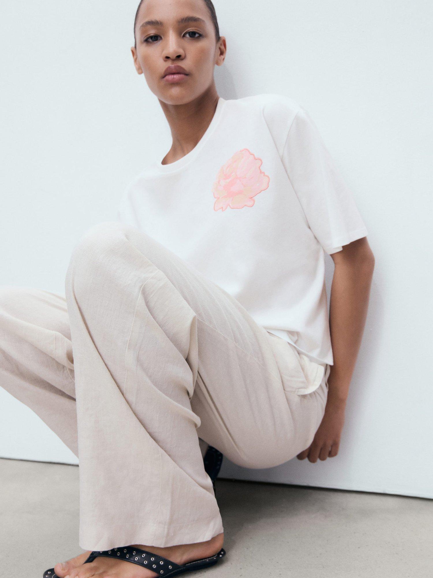 Product image 7 of 8, which shows Mango Rosa Cotton Flower Detail T-Shirt, Natural White, S