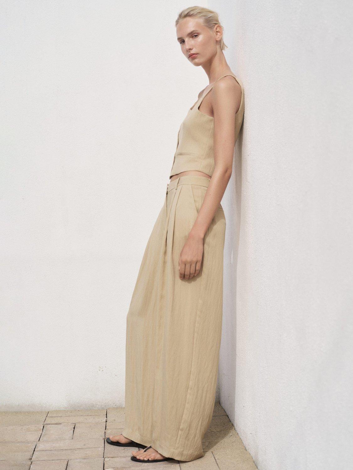 Product image 2 of 8, which shows Mango Deia Mid Rise Straight Trousers, Light Beige, 10