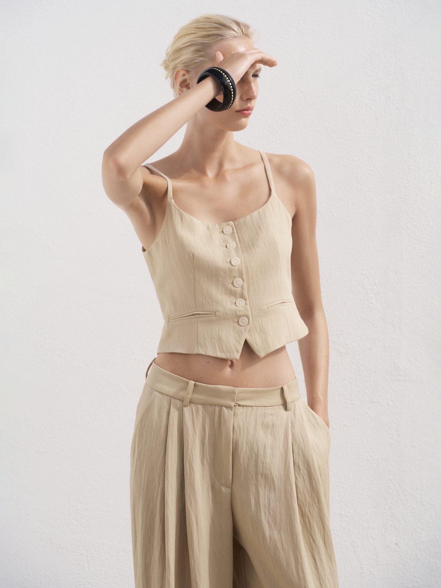 Product image 6 of 8, which shows Mango Deia Mid Rise Straight Trousers, Light Beige, 10