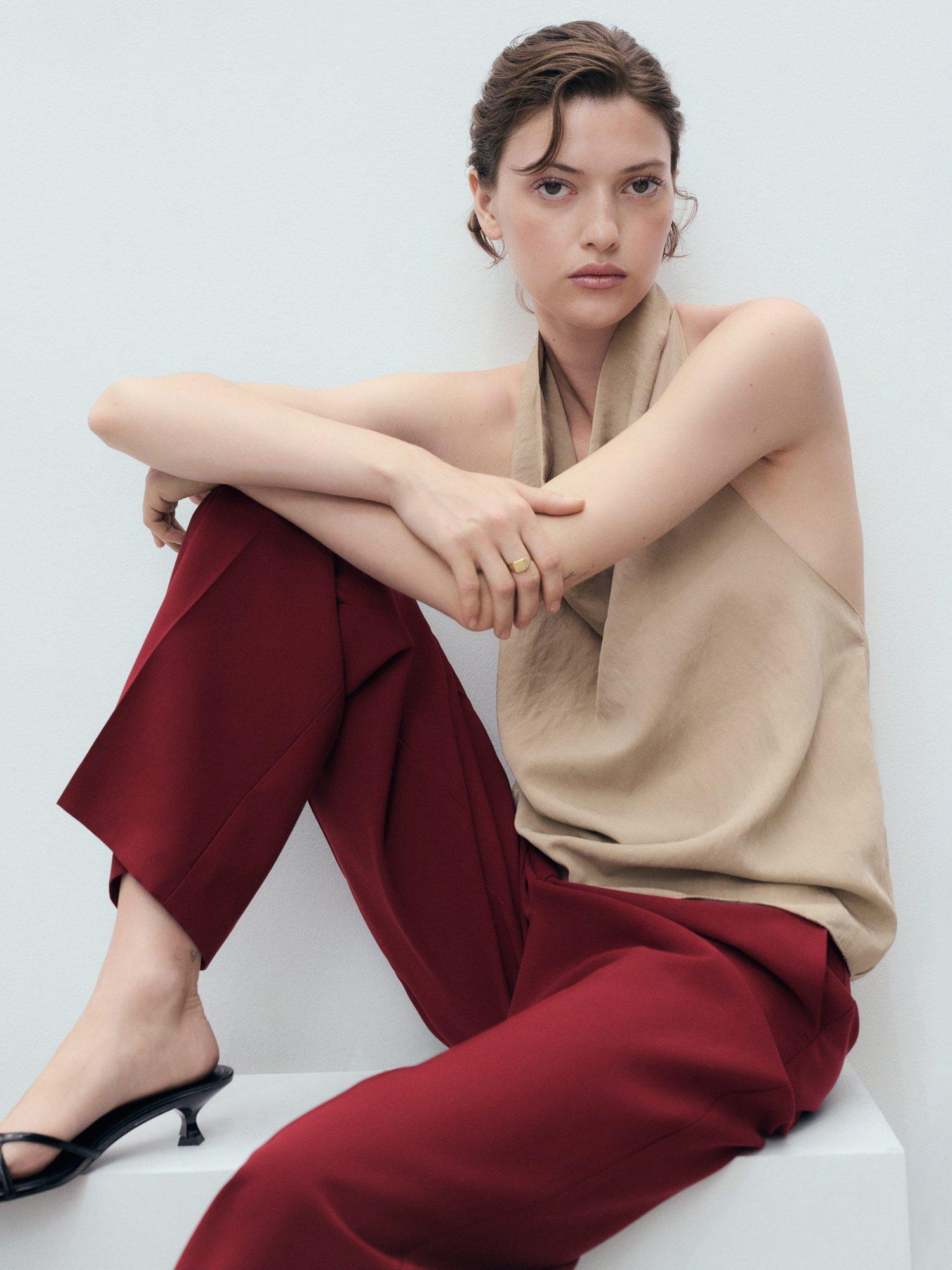 Product image 6 of 8, which shows Mango Carlos Mid Rise Straight Trousers, Dark Red, 14