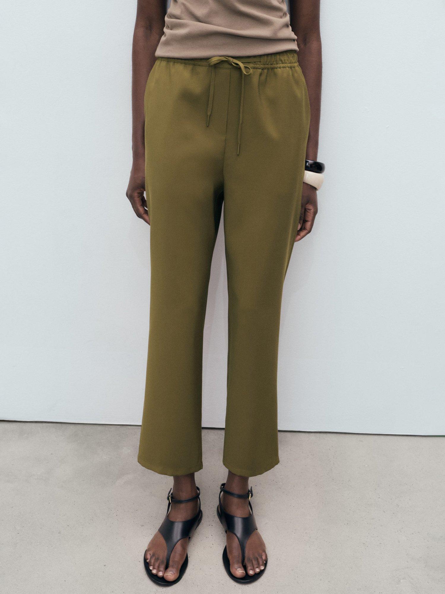 Product image 1 of 8, which shows Mango Fluido Drawstring Waist Trousers, Khaki, XXS