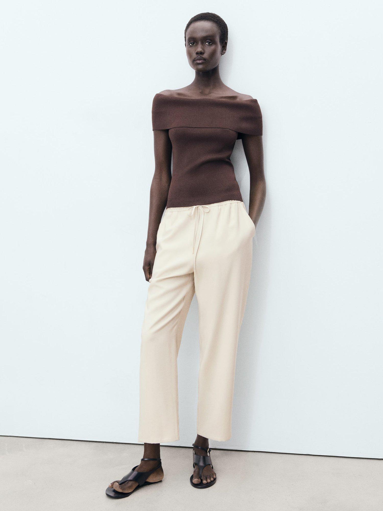 Product image 2 of 8, which shows Mango Fluido Drawstring Waist Trousers, Light Beige, XS