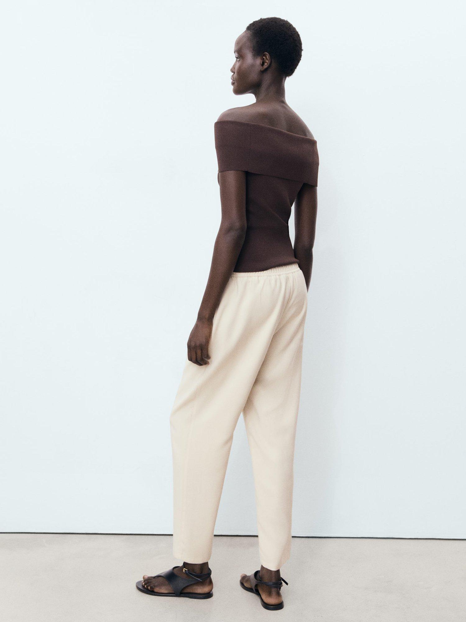 Product image 4 of 8, which shows Mango Fluido Drawstring Waist Trousers, Light Beige, XS