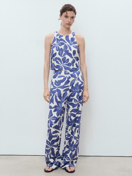 Mango Jamie Floral Trousers, Medium Blue - view 2, Medium Blue