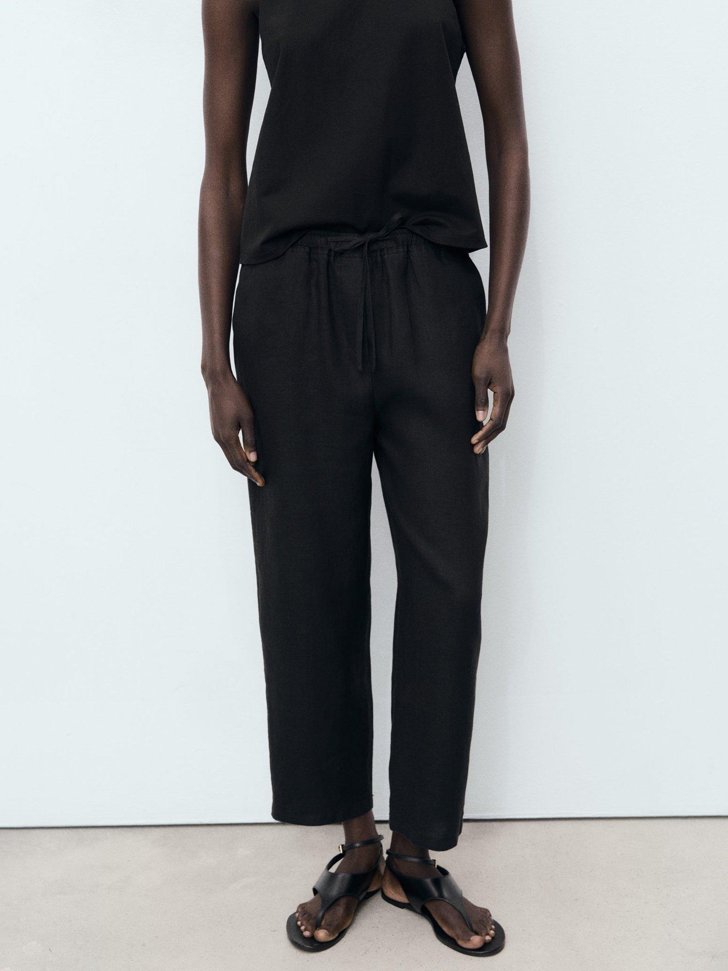 Product image 1 of 7, which shows Mango Mid Rise Drawstring Pure Linen Trousers, Black, XS