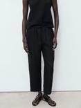 Mango Mid Rise Drawstring Pure Linen Trousers, Black
