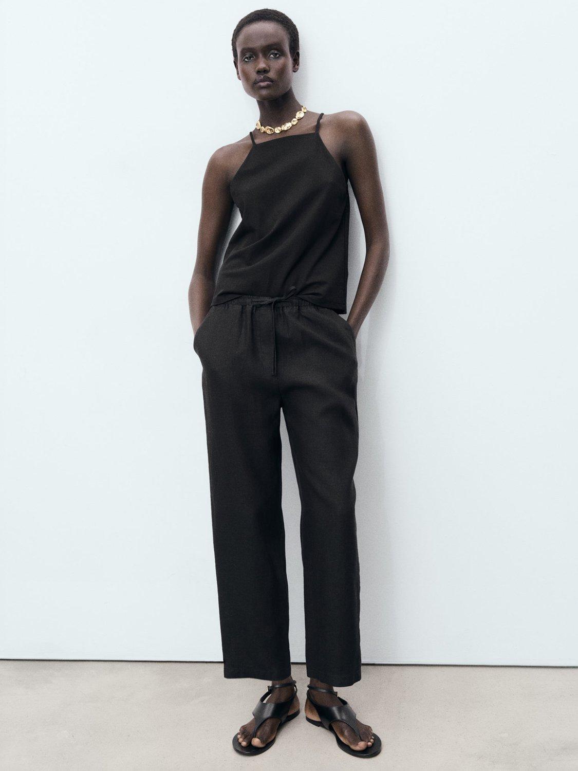 Product image 2 of 7, which shows Mango Mid Rise Drawstring Pure Linen Trousers, Black, XS