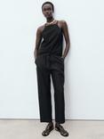 Mango Mid Rise Drawstring Pure Linen Trousers, Black