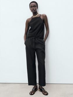 Mango Mid Rise Drawstring Pure Linen Trousers, Black - view 2, Black