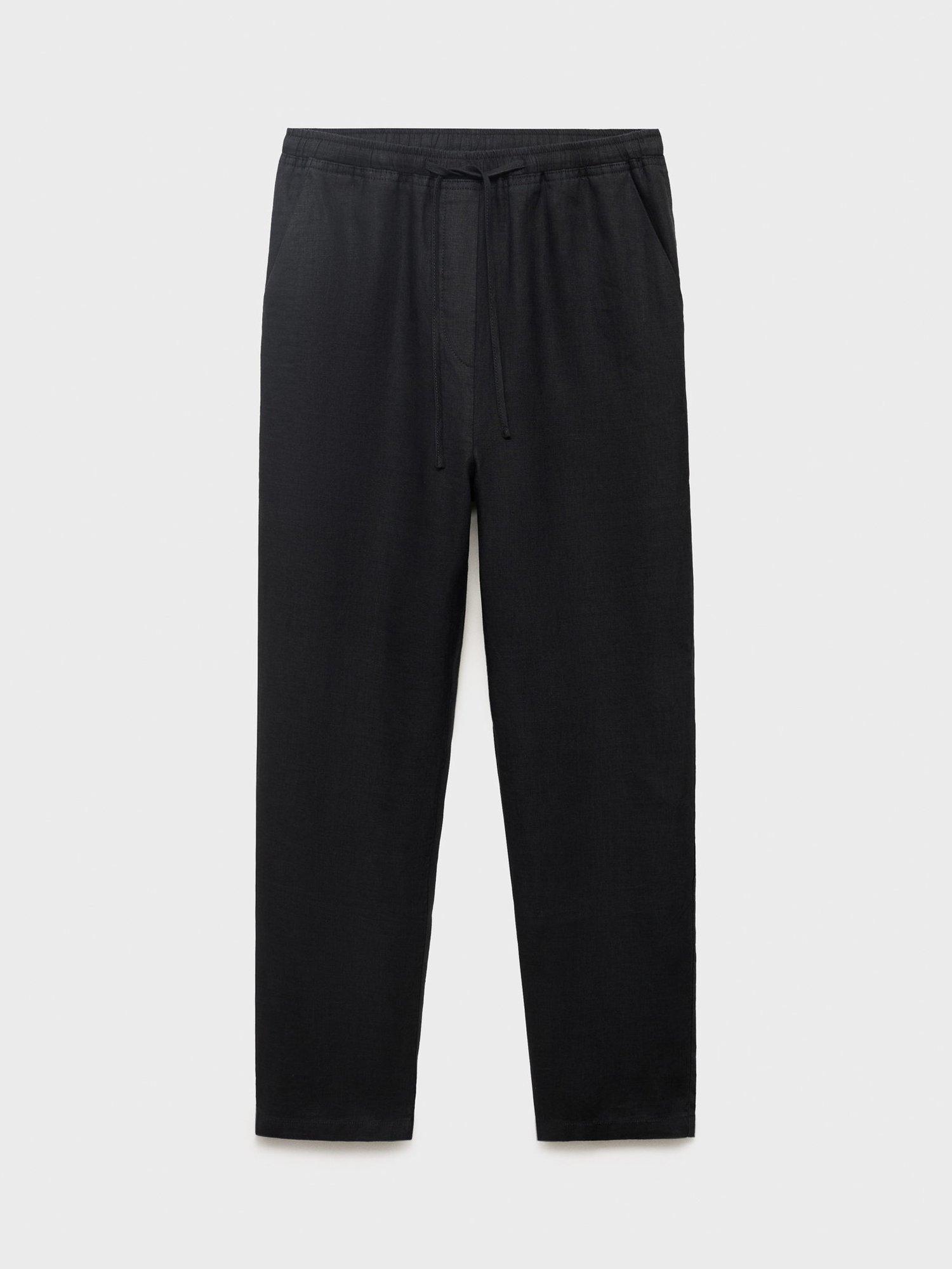Product image 3 of 7, which shows Mango Mid Rise Drawstring Pure Linen Trousers, Black, XS