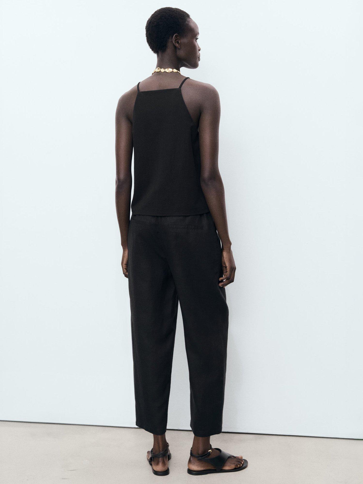 Product image 4 of 7, which shows Mango Mid Rise Drawstring Pure Linen Trousers, Black, XS