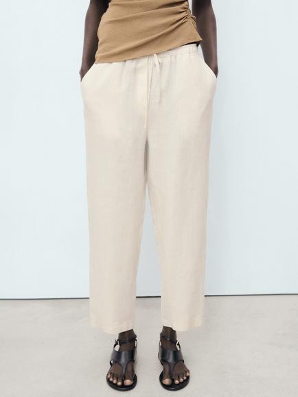 Mango Drawstring Pure Linen Trousers, Beige, Beige