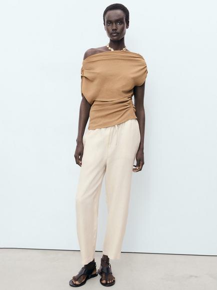 Mango Drawstring Pure Linen Trousers, Beige - view 2, Beige