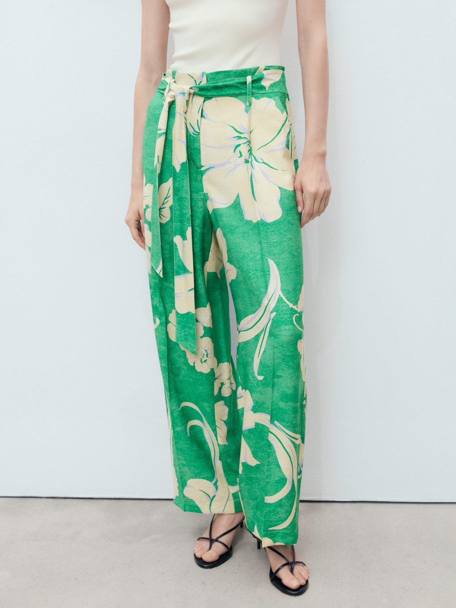 Product image 1 of 8, which shows Mango Twist Floral Belted Trousers, Green/Multi, S
