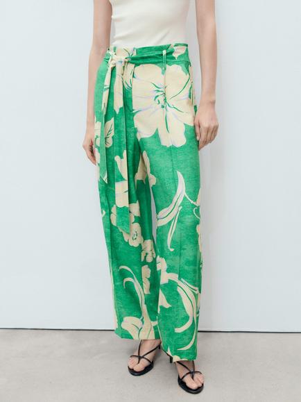Mango Twist Floral Belted Trousers, Green/Multi, Green/Multi