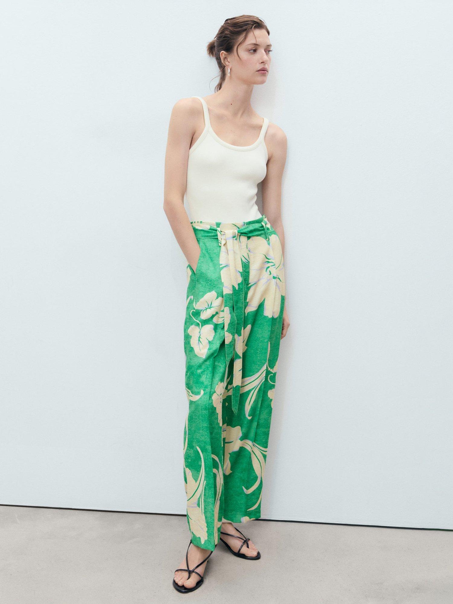 Product image 2 of 8, which shows Mango Twist Floral Belted Trousers, Green/Multi, S
