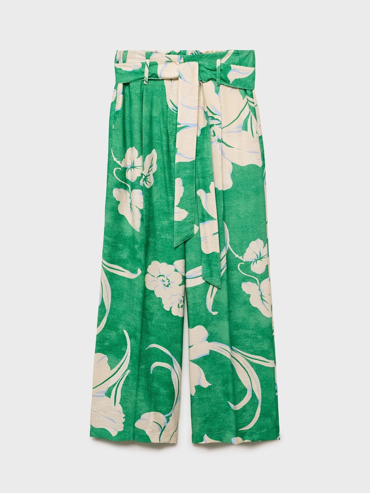 Product image 3 of 8, which shows Mango Twist Floral Belted Trousers, Green/Multi, S