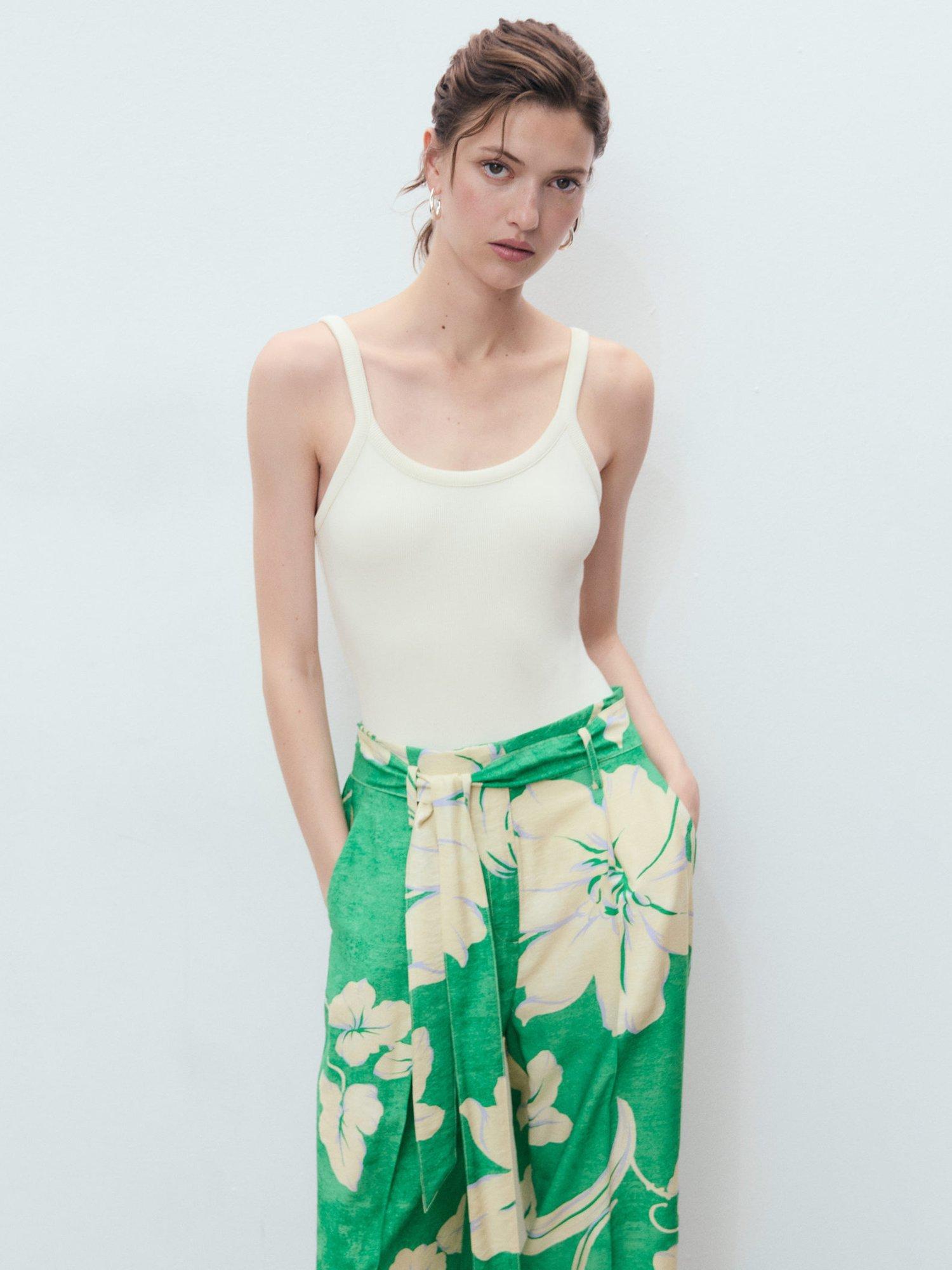Product image 6 of 8, which shows Mango Twist Floral Belted Trousers, Green/Multi, S
