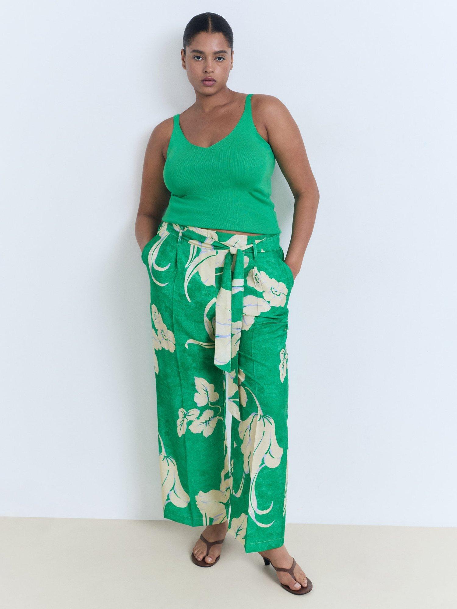 Product image 7 of 8, which shows Mango Twist Floral Belted Trousers, Green/Multi, S