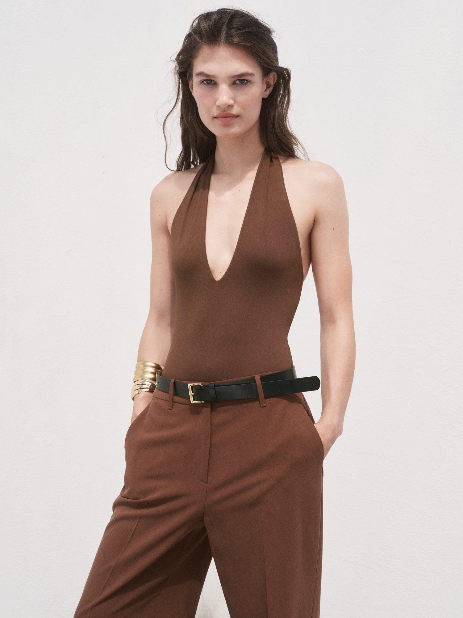 Product image 6 of 9, which shows Mango Carlos Mid Rise Straight Trousers, Brown, 22