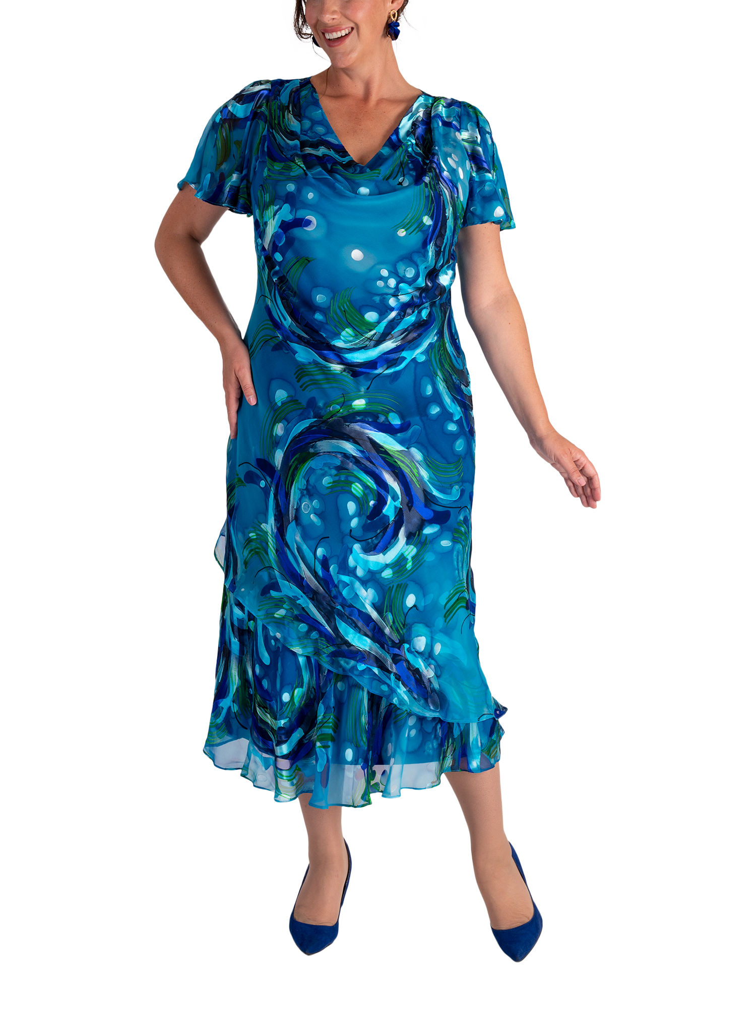 Product image 1 of 7, which shows chesca Ocean Wave Print Midi Dress, Teal/Cobalt, 12-14