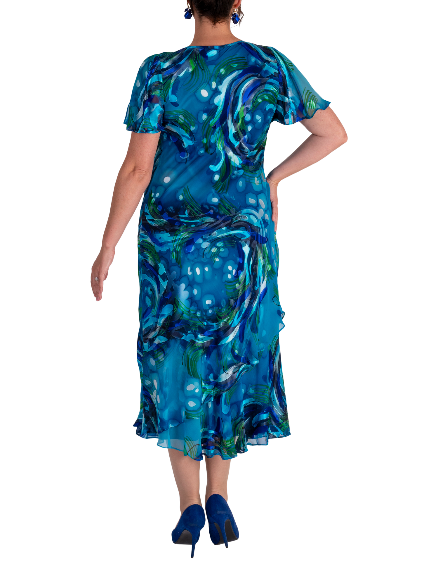 Product image 2 of 7, which shows chesca Ocean Wave Print Midi Dress, Teal/Cobalt, 12-14