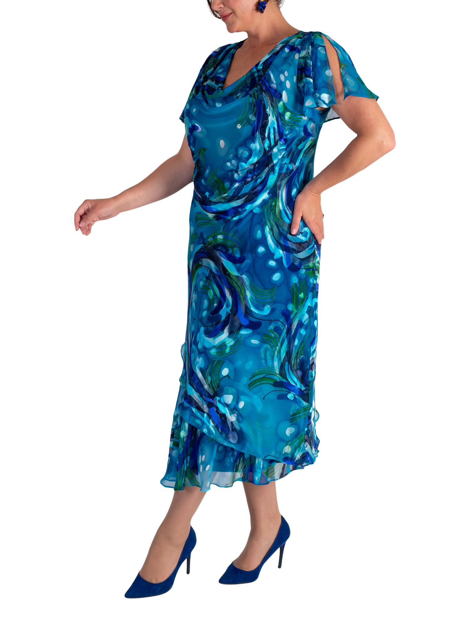 Product image 3 of 7, which shows chesca Ocean Wave Print Midi Dress, Teal/Cobalt, 12-14