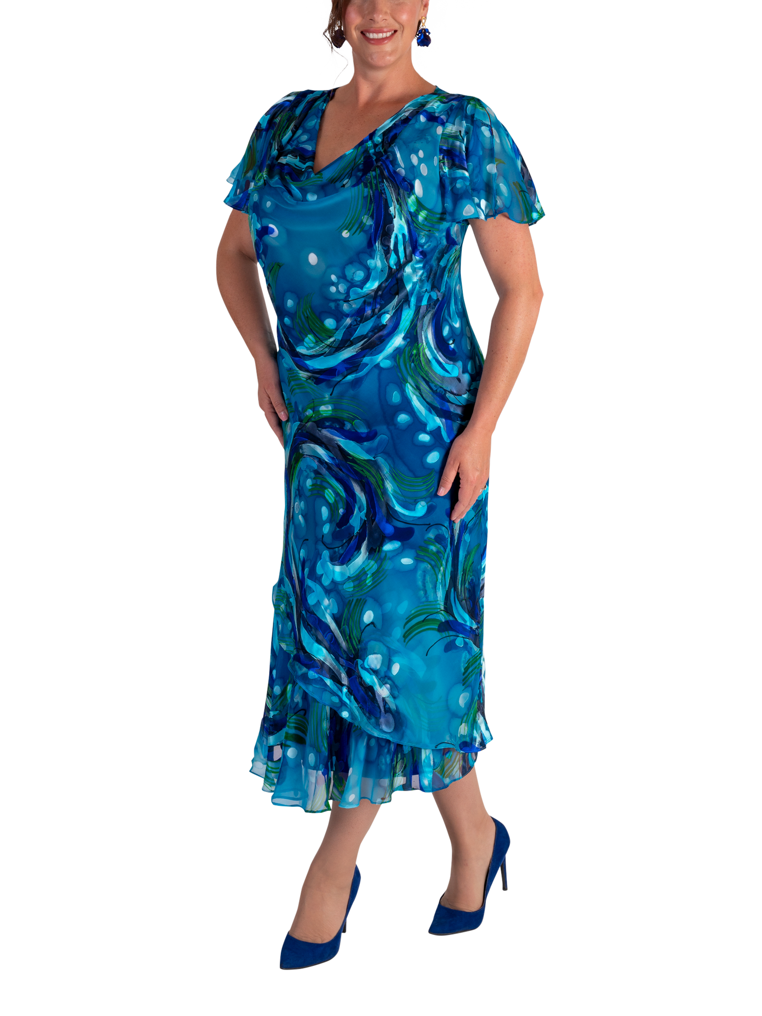 Product image 4 of 7, which shows chesca Ocean Wave Print Midi Dress, Teal/Cobalt, 12-14
