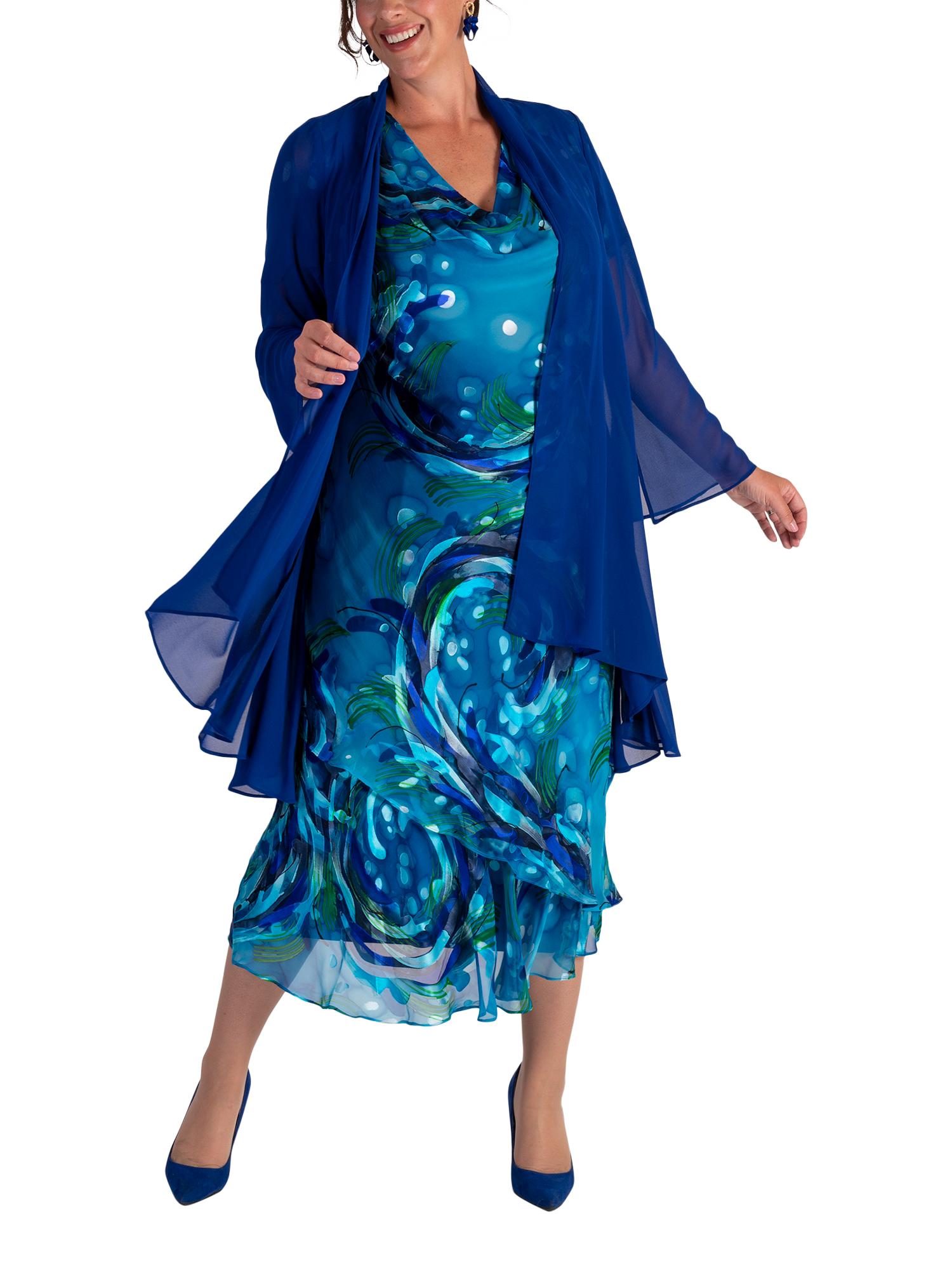 Product image 5 of 7, which shows chesca Ocean Wave Print Midi Dress, Teal/Cobalt, 12-14