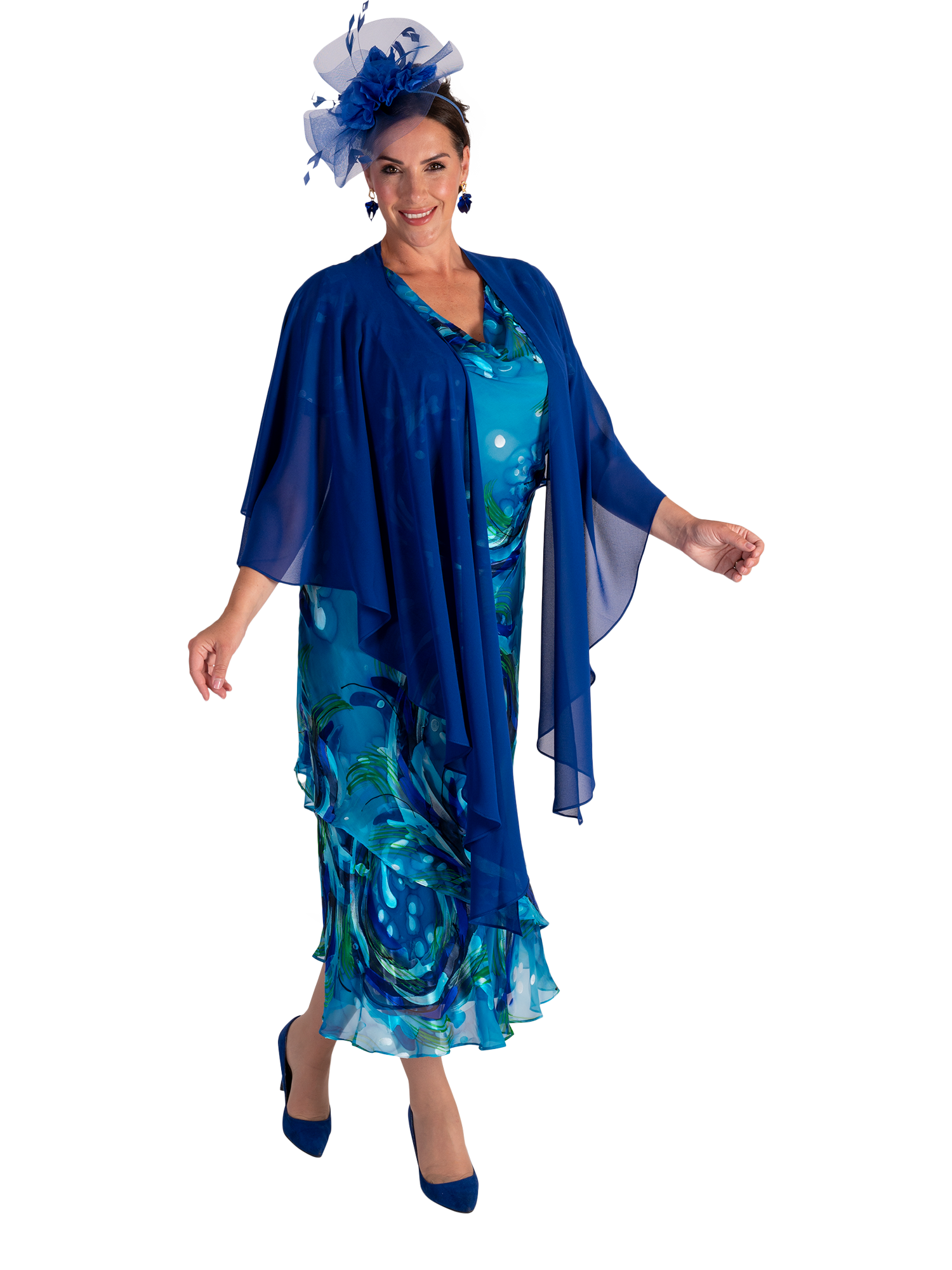 Product image 6 of 7, which shows chesca Ocean Wave Print Midi Dress, Teal/Cobalt, 12-14