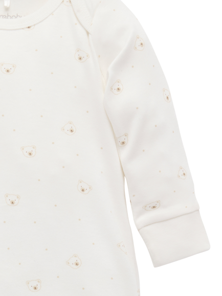Purebaby Baby Cotton Long Sleeved Sleepsuit, Vanilla Bear - view 2, Vanilla Bear
