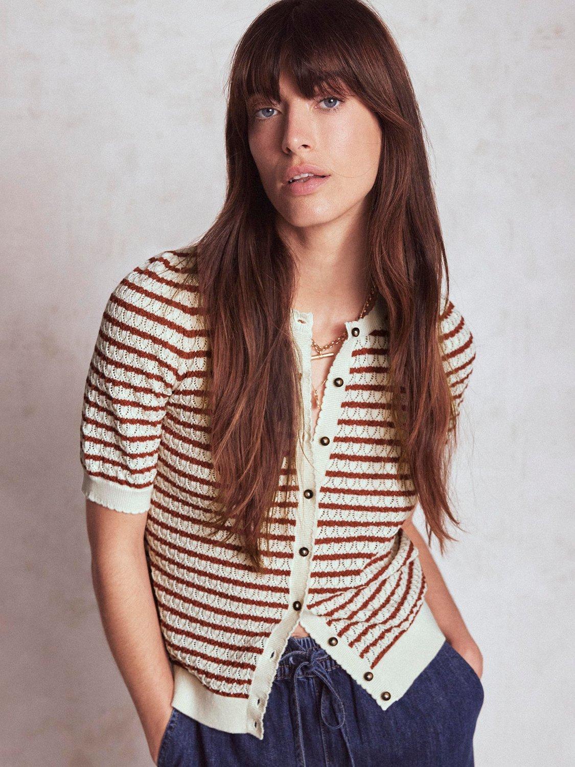 Product image 1 of 6, which shows Boden Dot Pointelle Short Sleeve Cardigan, Warm Ivory/Red, XS