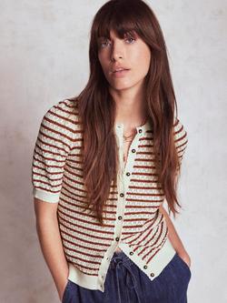 Boden Dot Pointelle Short Sleeve Cardigan, Warm Ivory/Red, Warm Ivory/Red