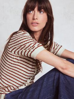 Boden Dot Pointelle Short Sleeve Cardigan, Warm Ivory/Red - view 2, Warm Ivory/Red