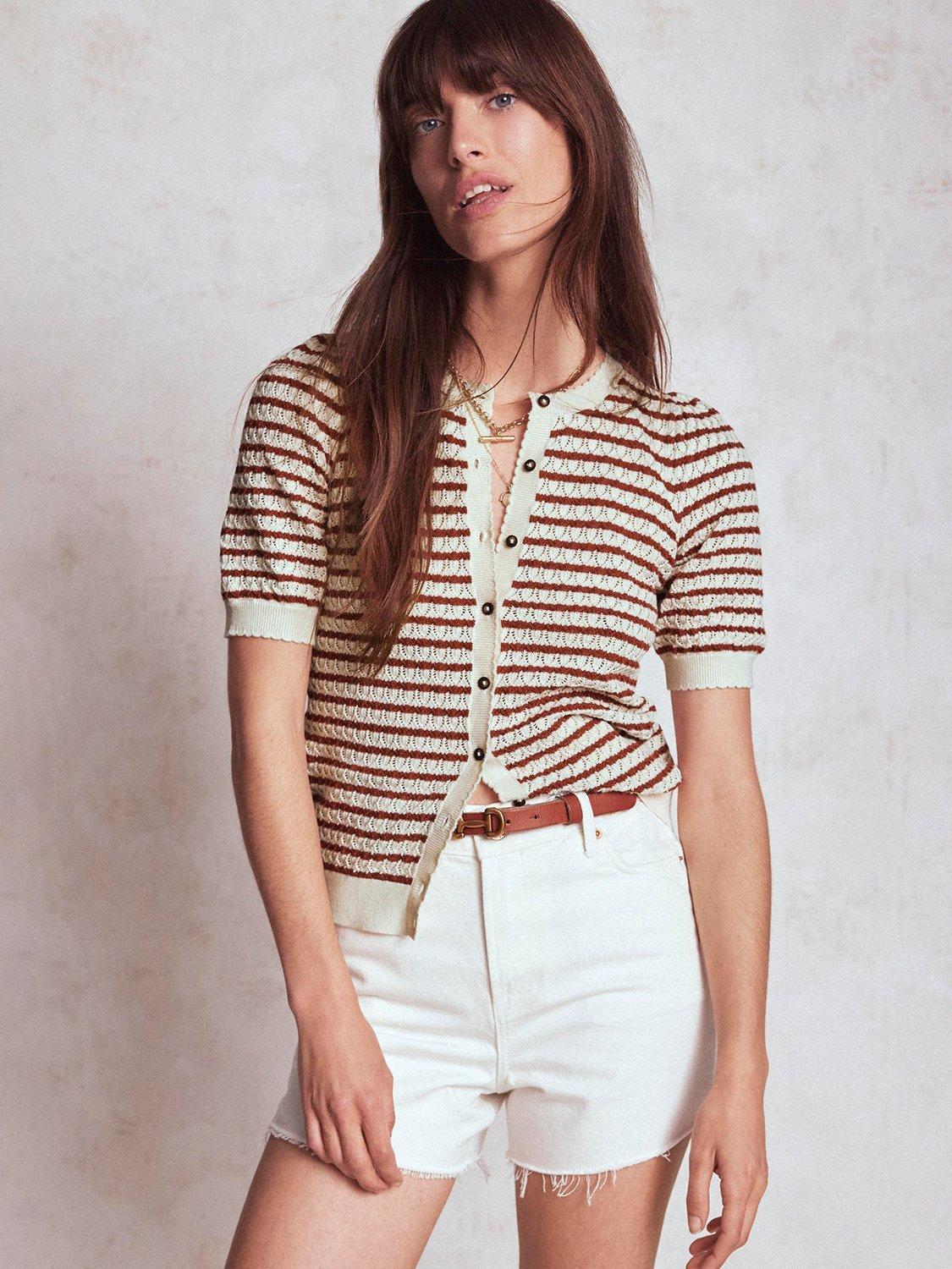 Product image 5 of 6, which shows Boden Dot Pointelle Short Sleeve Cardigan, Warm Ivory/Red, XS