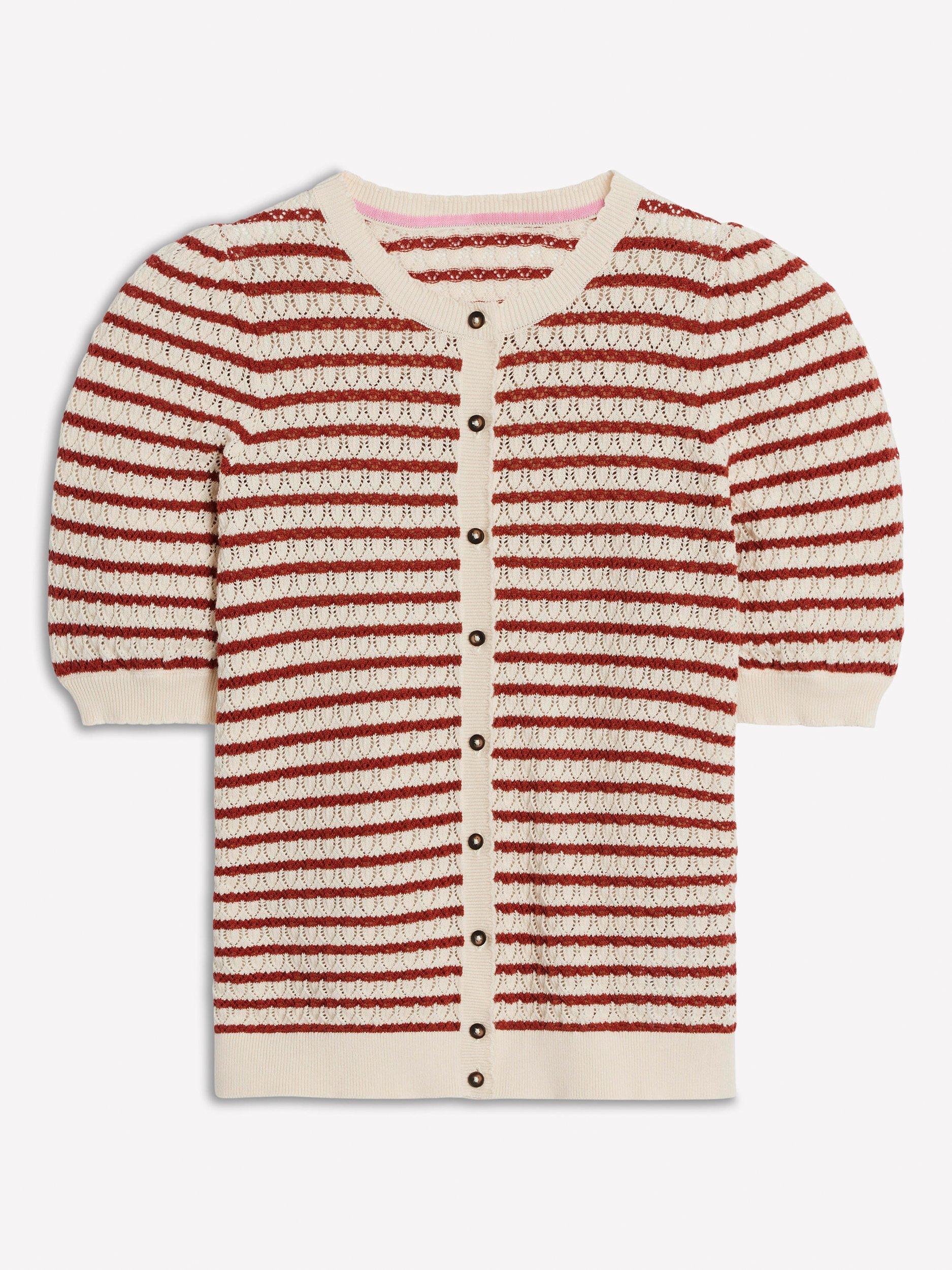 Product image 6 of 6, which shows Boden Dot Pointelle Short Sleeve Cardigan, Warm Ivory/Red, XS
