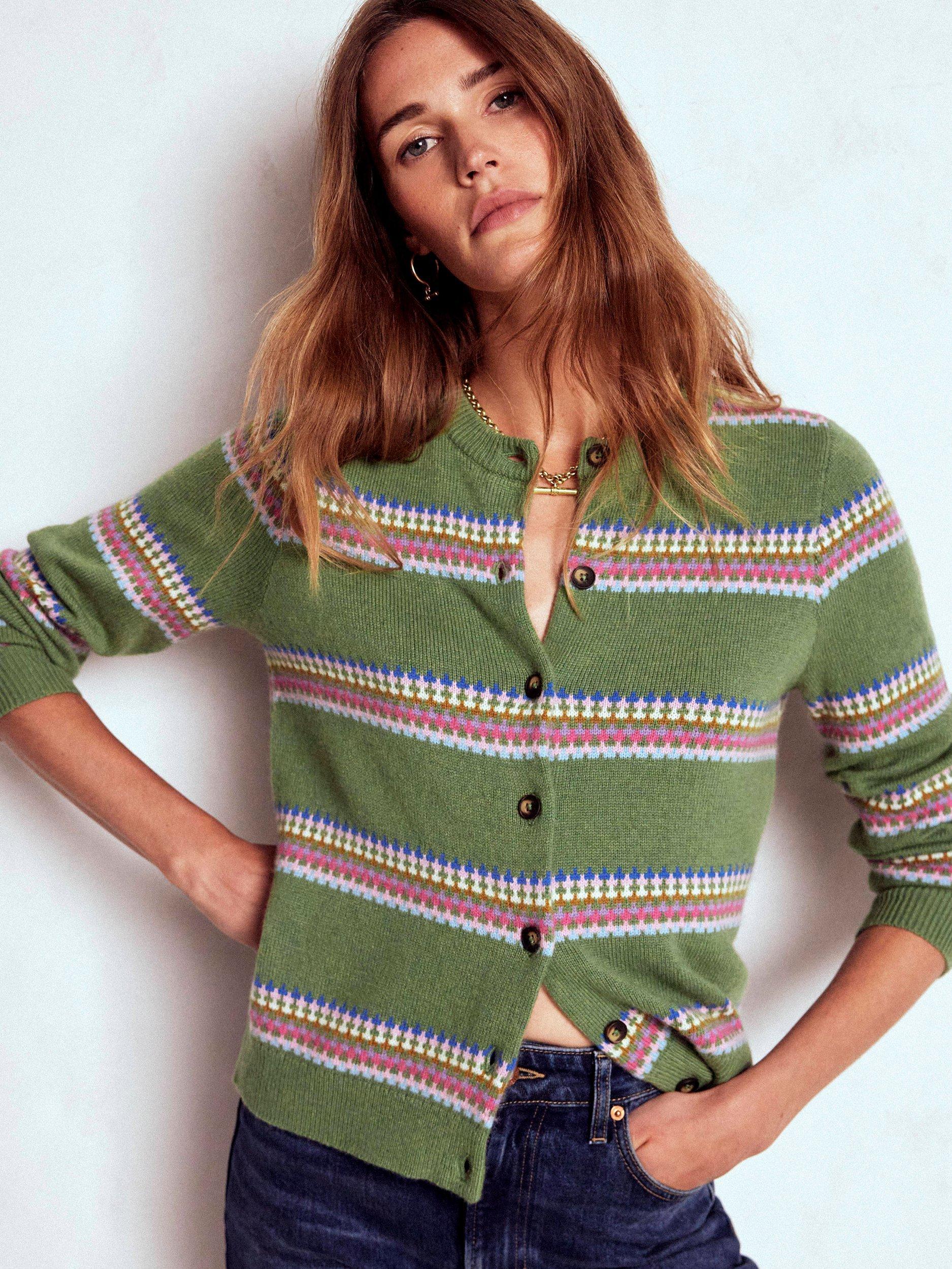 Product image 2 of 6, which shows Boden Edie Fair Isle Stripe Cardigan, Green/Multi, XS