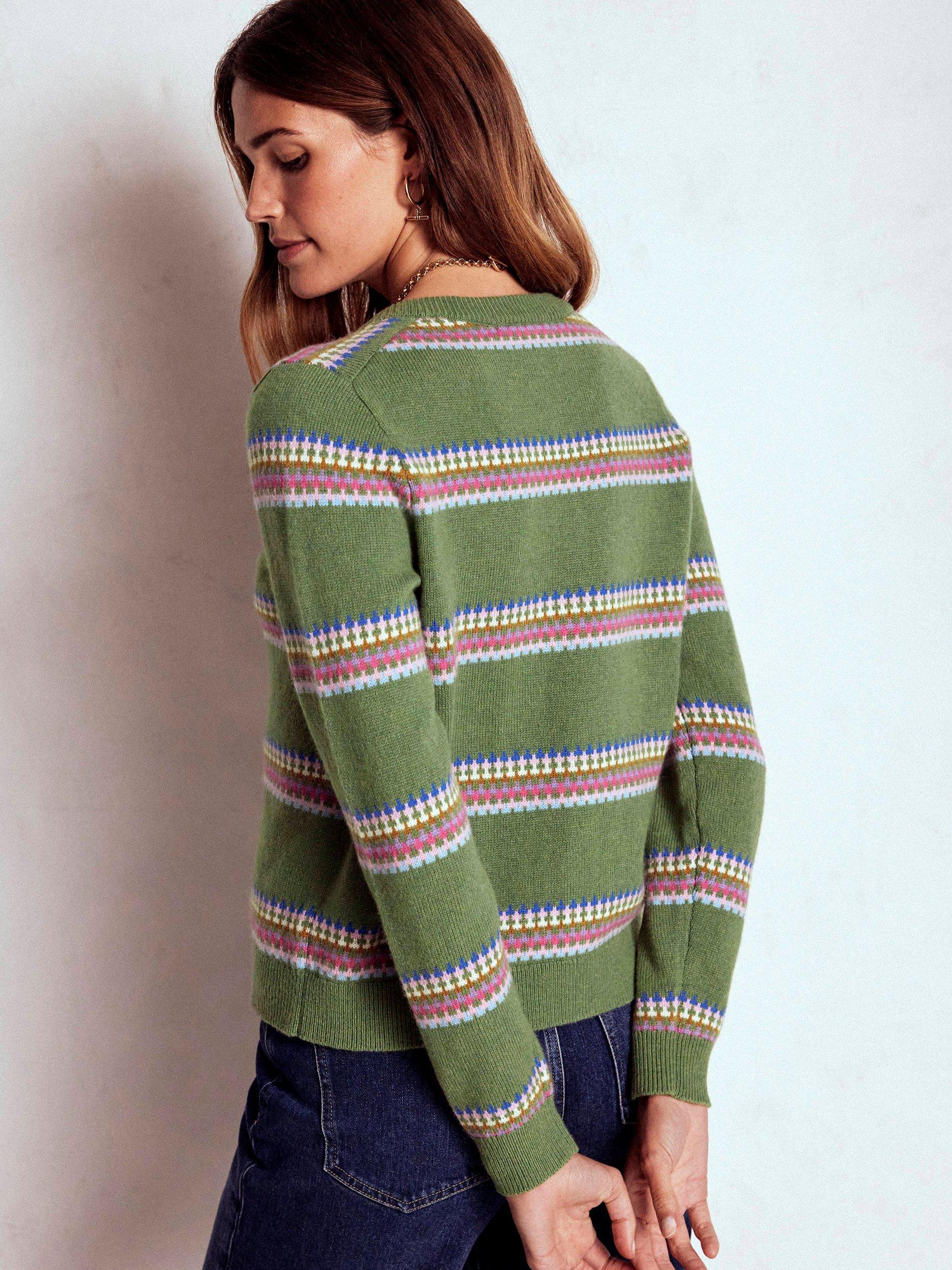 Product image 3 of 6, which shows Boden Edie Fair Isle Stripe Cardigan, Green/Multi, XS