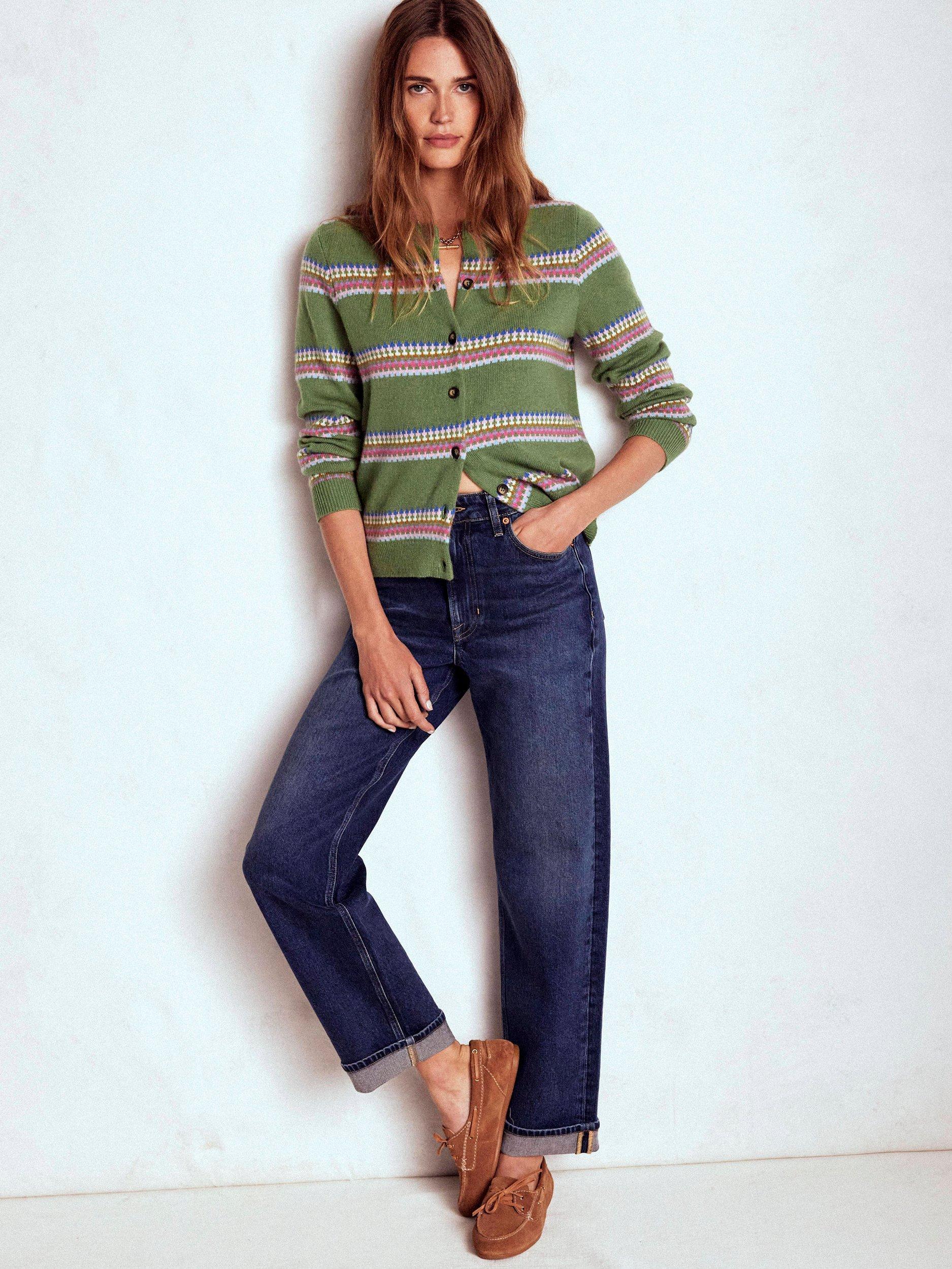 Product image 4 of 6, which shows Boden Edie Fair Isle Stripe Cardigan, Green/Multi, XS