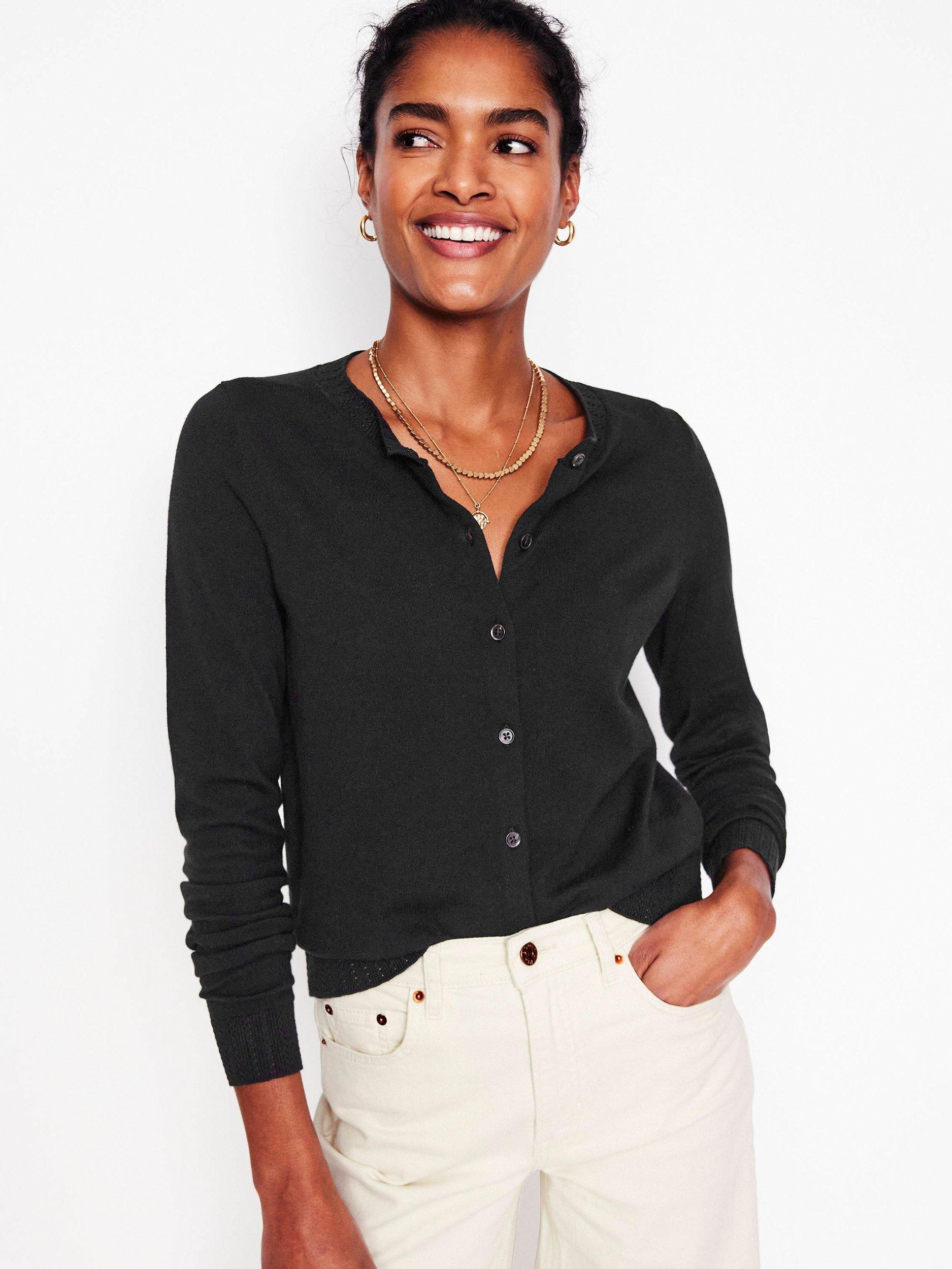 Product image 1 of 6, which shows Boden Emilia Crew Neck Cardigan, Black, XS