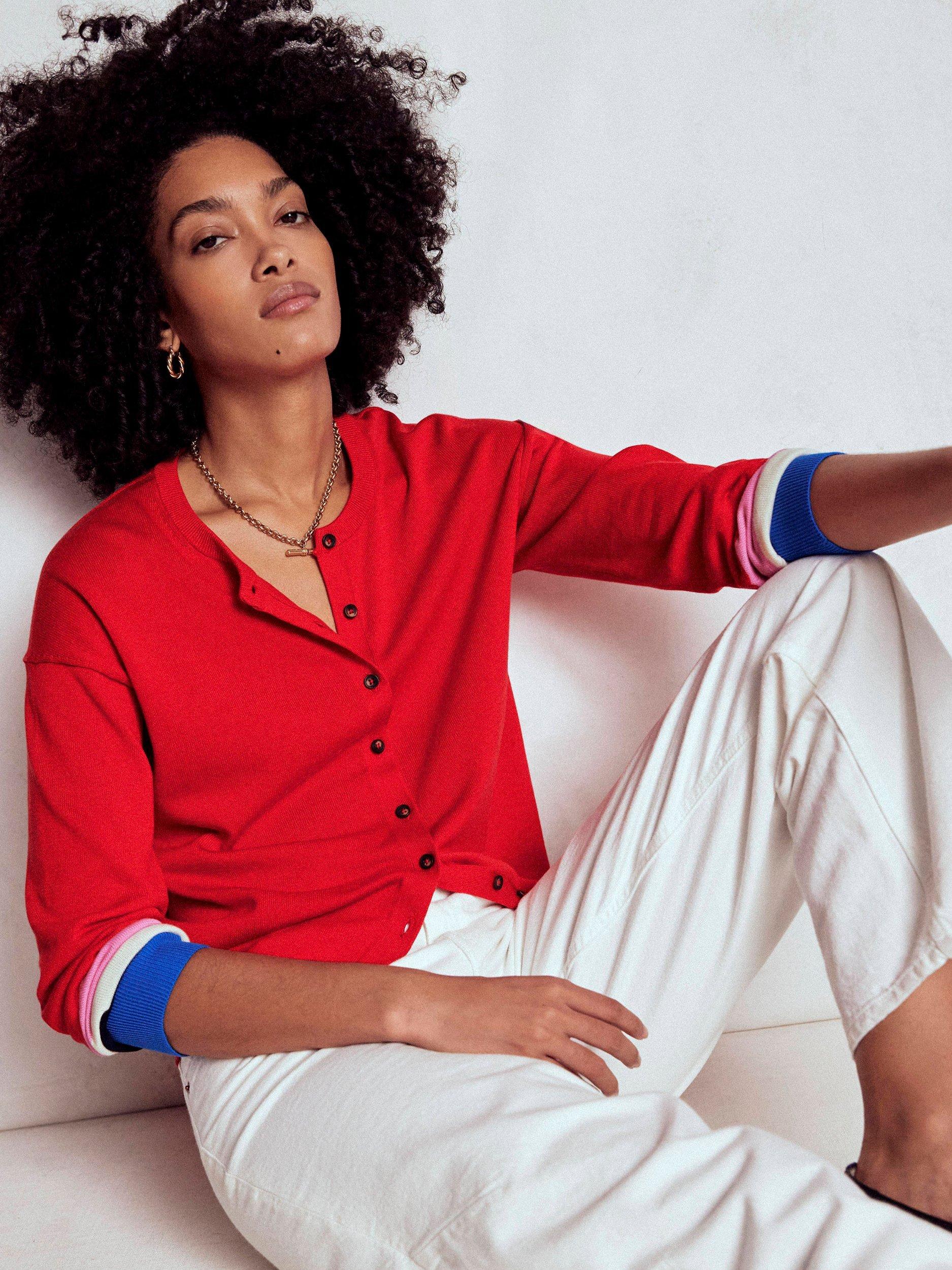 Product image 4 of 7, which shows Boden Lara Colour Block Cardigan, Poppy Red/Multi, XS