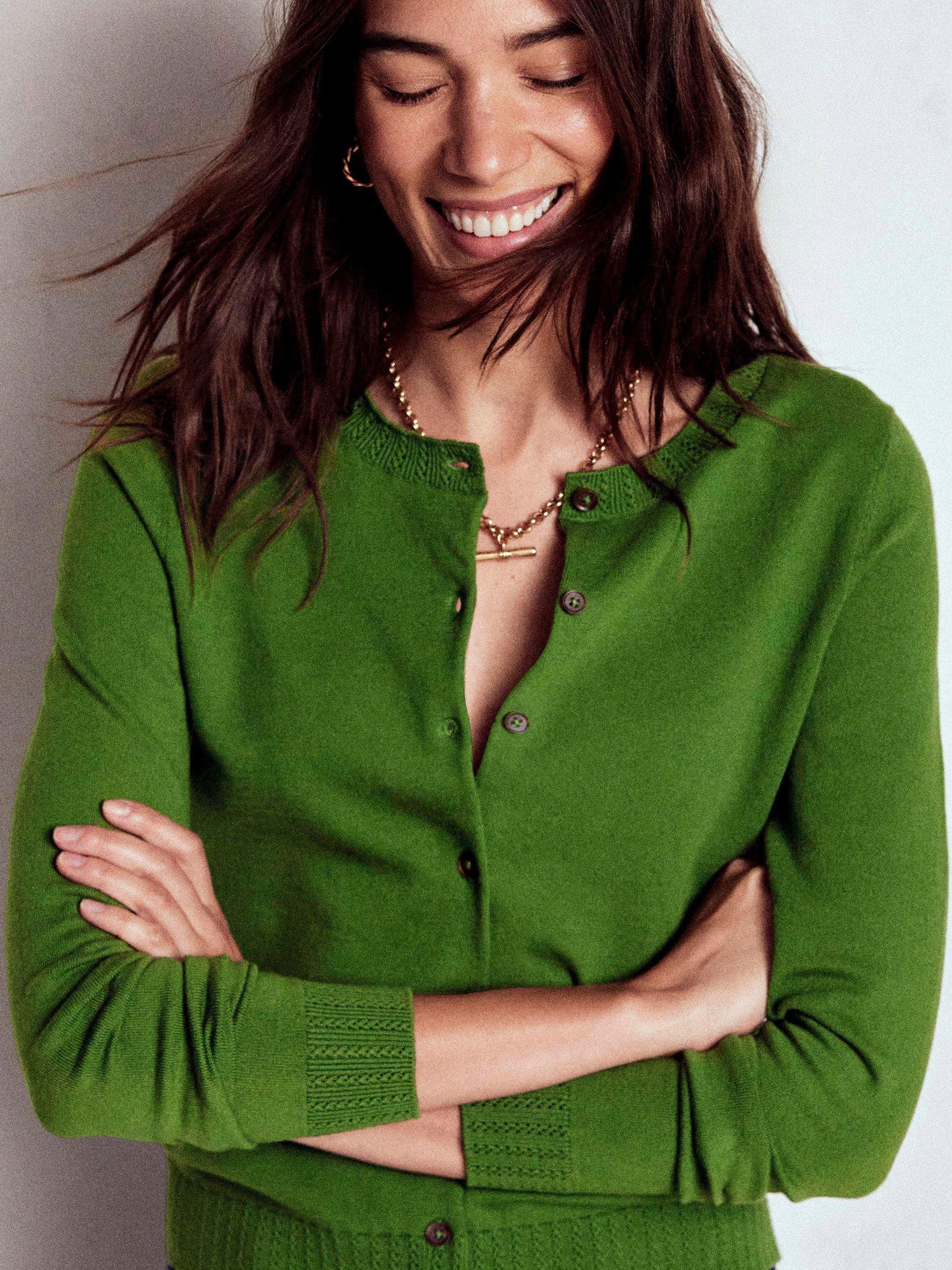 Product image 1 of 6, which shows Boden Emilia Crew Neck Cardigan, Promenade Green, XS