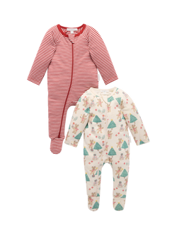 Purebaby Baby Cotton Zip Sleepsuit, Pack of 2, Xmas Print, Xmas Print