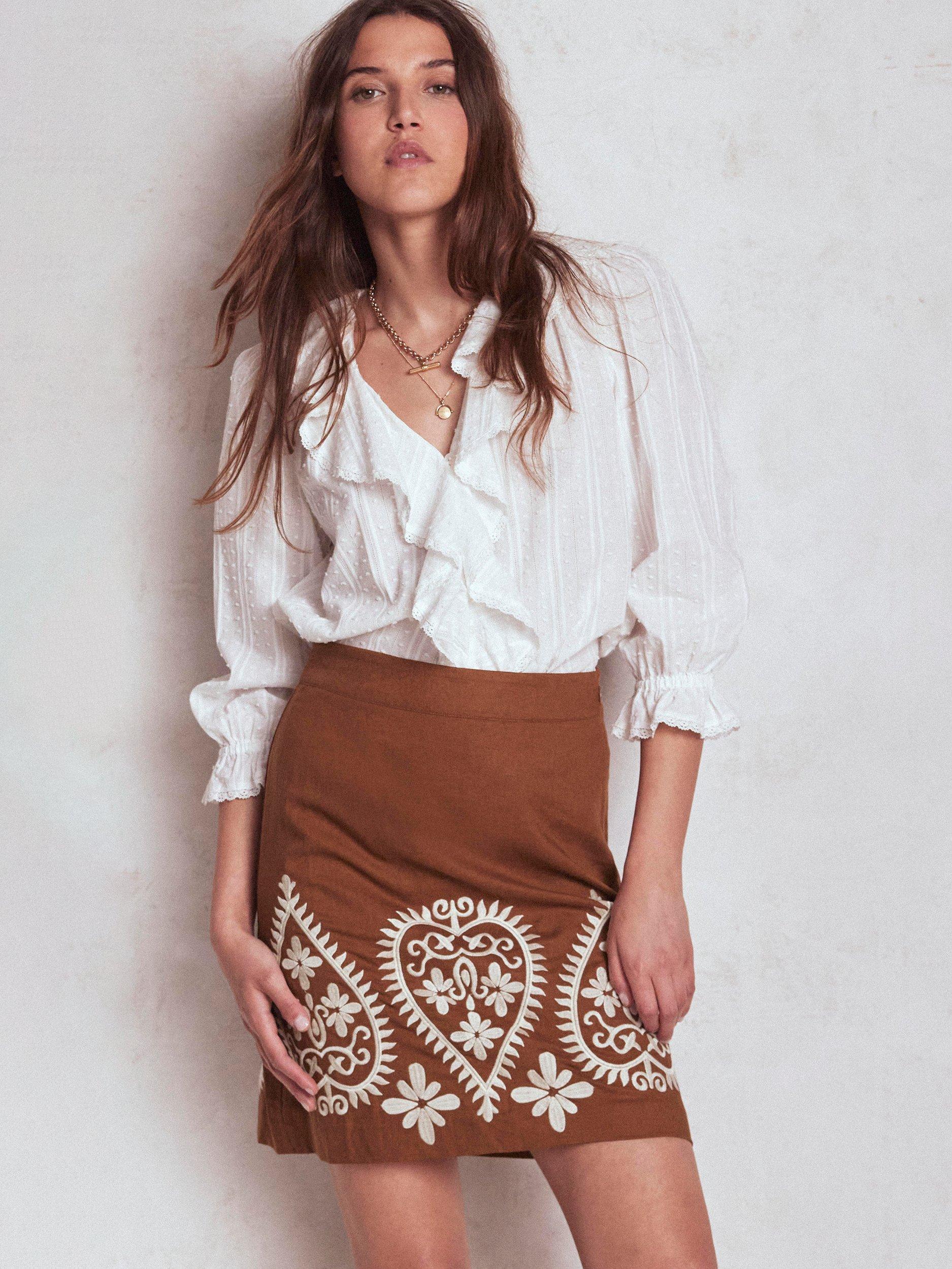 Product image 1 of 5, which shows Boden Embroidered Paisley Linen Rich Skirt, Russet, 8